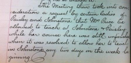 photograph of manuscript minutes regarding teaching in Johnstone and Paisley