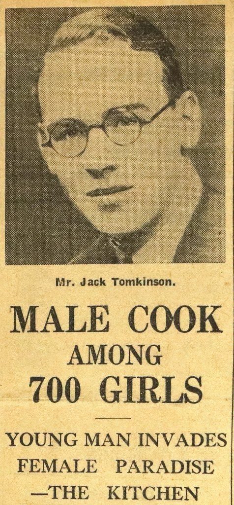 Photograph of Jack Tomkinson above headline "Male Cook among 700 girls"