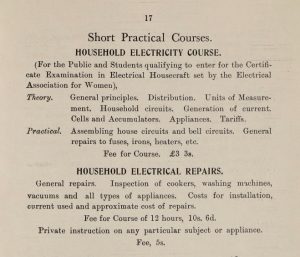 description of Household Electricity and Electrical Repairs courses costing £3 3s and 10s 6d respectively