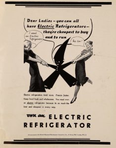 image of an advert for an electric fridge showing two women pulling at a impish character as though fighting over a fridge
