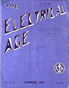 image of a blue magazine with title "The Electrical Age" in a spiky futuristic-looking font