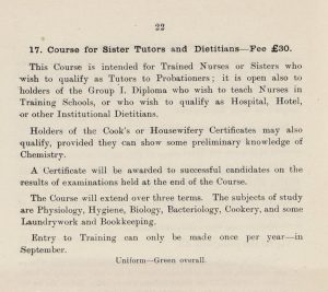 image of a page from the prosectus with details of the course for sister tutors and dieticians