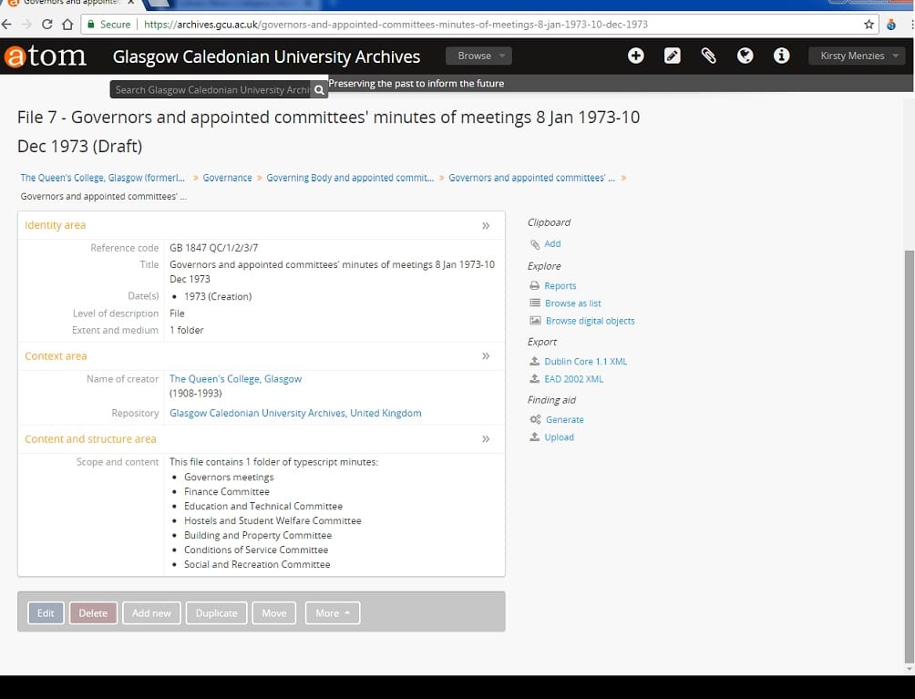 screenshot showing a catalogue entry for Governors and appointed committees' minutes, on atom