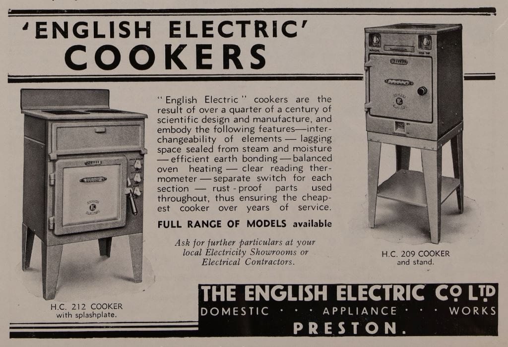 Black and white advert with sketches of 2 electric cookers and text for 'English Electric Cookers'