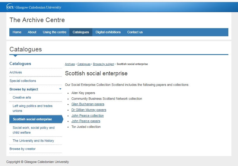 Screenshot of the webpage showing the list of social enterprise collections