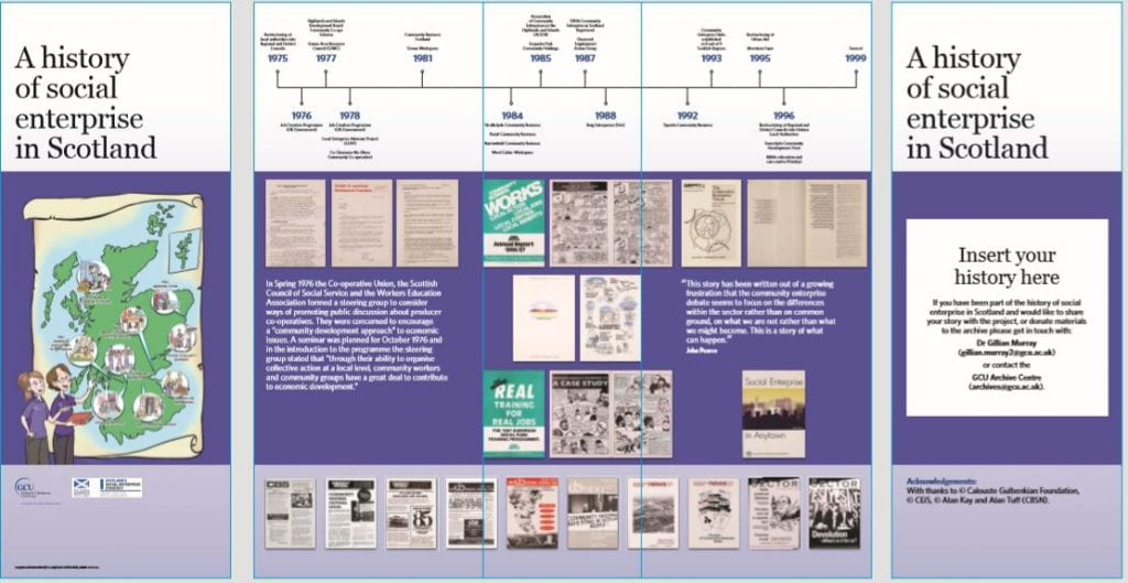 Image of graphics for 3 exhibition banners showing timeline, text and images of social enterprise related documents
