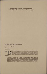 This image shows the cover of 'Aberdeen University Review' featuring article 'Downie’s Slaughter' by Sandy Hobbs which is mentioned in the blog post. The cover is brown and the text black.