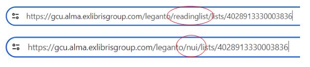 Image showing two urls in a browser window. One has the words readinglist circled in red and the other has nui circled in red. 